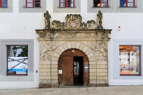 Richly decorated entrance portal of a representative town house, Obermarkt 1, Freiberg, Saxony,