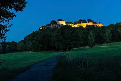 Night view of illuminated Königstein Fortress, Saxon Switzerland, Saxony, Germany