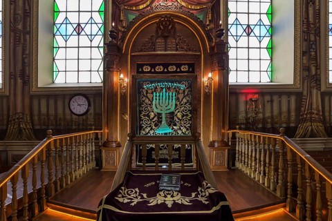 A parochet, curtain in front of the Torah shrine in the interior of the Tsori Gilod Synagogue,