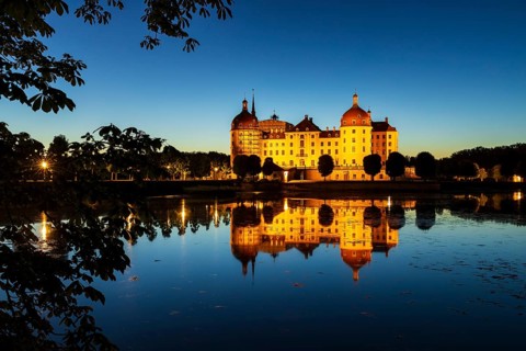 Night view of Moritzburg hunting lodge, Meissen district, Saxony, Germany