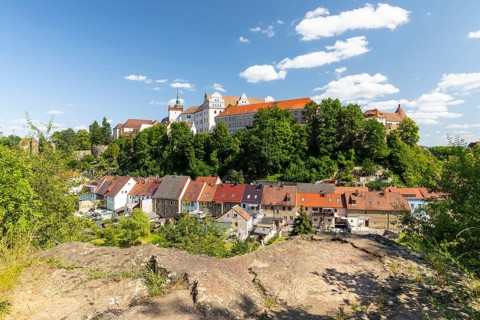 City view of the old town with Ortenburg, St. Peter's Cathedral and Matthias Tower, below the
