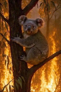 A koala in Australia sits on a burning eucalyptus tree, symbol of marsupial, fire, bushfire, fire,