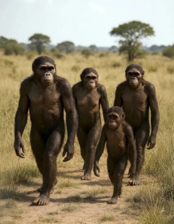 A group of Australopithecus runs through a savanna, symbol extinct, fossil, prehuman, Africa,