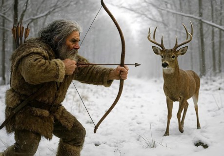 Ice Age hunter hunts a deer with bow and arrow, symbol image Ice Age, prehistoric period,