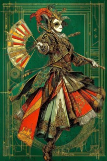 Modern representation of tarot card The Harlequin symbolizing duality, transformation, wit,