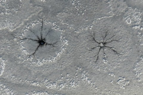 Steam holes, steam hole, lake, frozen, ice, hoarfrost, cold, winter, sunny, aerial view, foothills