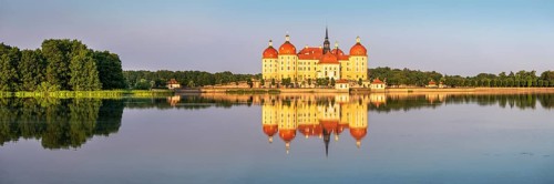 Panorama, Moritzburg Castle, Augusts the Strong hunting lodge in morning light, water reflection in
