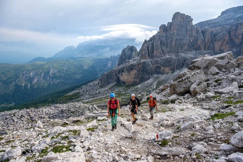 Climbers on a hiking trail, rocky mountain landscape, Via Ferrata SOSAT via ferrata, Brenta