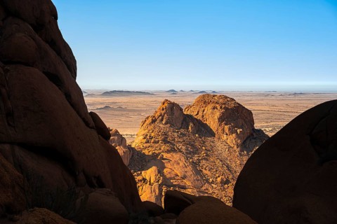 Fascinating rock formations with views of desert landscape and clear sky in Spitzkoppe, Spitzkoppe,