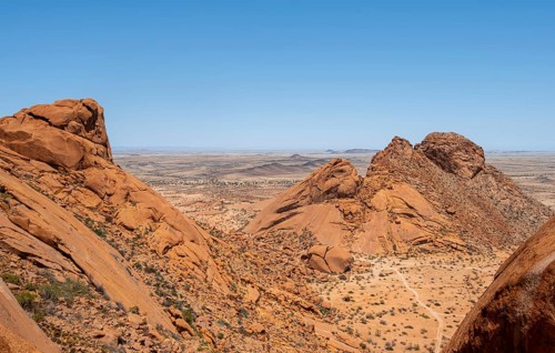 Panoramic view of dramatic rock formations in the pristine Namibian desert, Spitzkoppe, Namibia