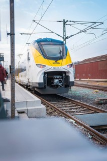 A white-yellow train stands on a platform with people nearby, opening of the Hermann Hesse Railway,