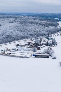 Snowy landscape with farm surrounded by forests and fields under grey skies, Haselstaller Hof,