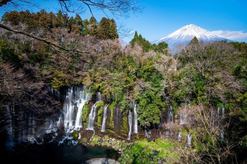 Shiraito waterfall and summit of Mount Fuji, Fuji-Hakone-Izu National Park, Yamanashi Prefecture,