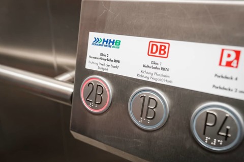 Close-up of track number plates in a modern railway area, battery electric train Siemens Micro Plus