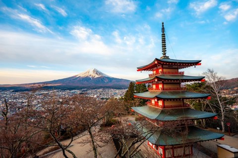 Five-story pagoda of a Shinto Shrine, Chureito Pagoda, with views of Fujiyoshida City and Mount