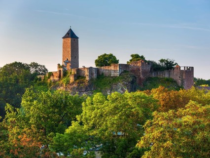 Ruins of Giebichenstein Castle in autumn in morning light, Halle an der Saale, Saxony-Anhalt,