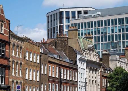 Street scene in London with contrasting modern and classical architecture, City of Westminster,