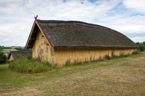 Longhouse, reconstructed courtyard with nine houses built by a large farmer from the Viking Age,