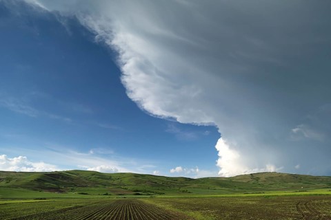 Landscape with approaching rain front (Nimbostratus), southern Carpathian Arc, Romania