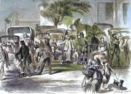 A parking lot for horse-drawn carriages, droshky or droschke, in Berlin, Germany/A car park for