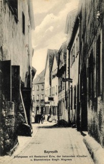 Historical postcard around 1900, Bayreuth, Kirchgasse with restaurant Eule, Siegfried Wagner's