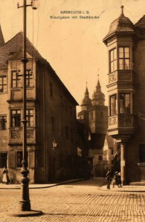 Historical postcard around 1900, Bayreuth, Brautgasse with city church, Upper Franconia, Bavaria,