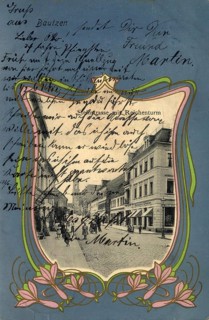 Historical postcard around 1900, Bautzen, Steinstraße and Reichenturm, Saxony, Germany, digital