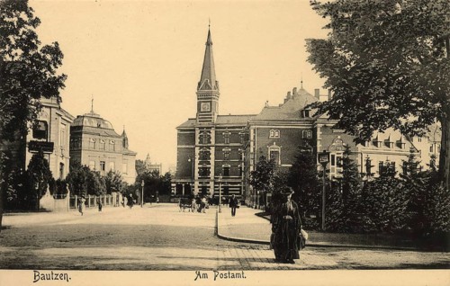 Historical postcard around 1900, Bautzen, at the post office, Saxony, Germany, digital reproduction