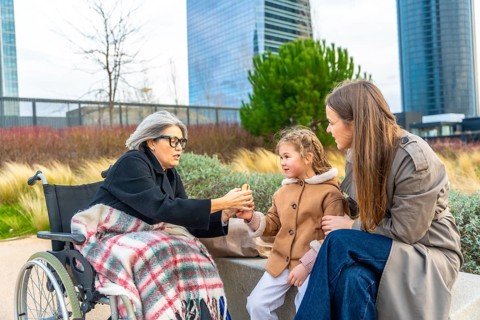 Grandmother, mother, and child sharing moments and interacting outdoors, symbolizing