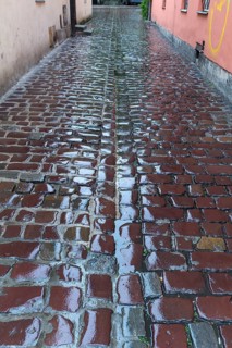 Rain-soaked cobblestones in an alley, Krakow, Poland