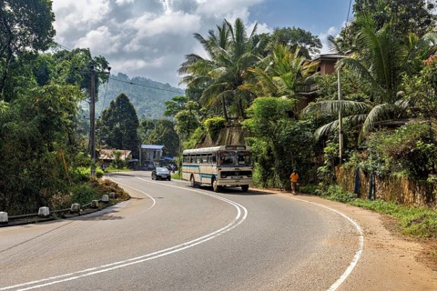 Curvy road through tropical landscape with bus and car surrounded by trees and palm trees under a