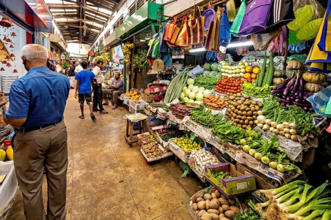 Market stall with a plethora of fresh vegetables and people shopping, The old market halls of Kandy