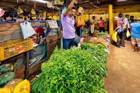 A man sells fresh herbs in a lively market with yellow walls, the old market halls of Kandy in Sri