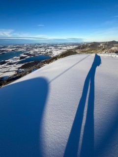 Shades of a ski tourer on fresh snow, view of Forggensee and Bannwaldsee with snow in winter, ski
