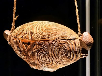 Carved wooden container with an artistic pattern, Maori art, Museum Five Continents, Bavaria,