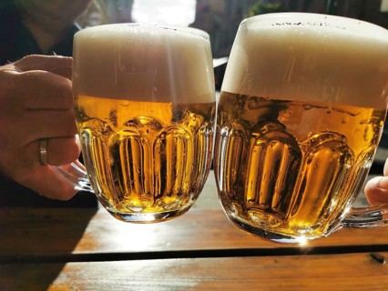 Two people toast with filled beer mugs at a table in the light, Czech Republic