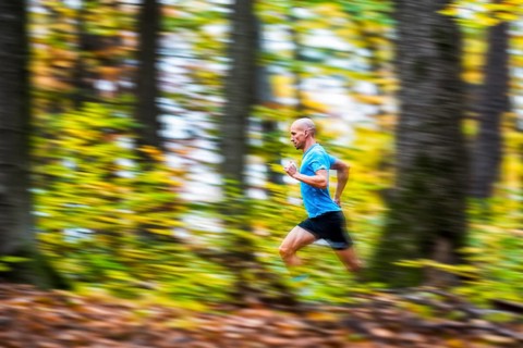 Man in a training session, trail running outdoors, healthy lifestyle, colorful autumn forest,