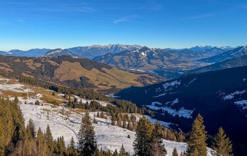 View of Kelchsau valley, mountain landscape, in the back Hohe Salve and Wilder Kaiser, Kitzbühel