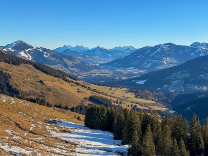 View of Brixental with Hoher Salve, hiking to Feldalphorn, Kitzbühel Alps, Tyrol, Austria