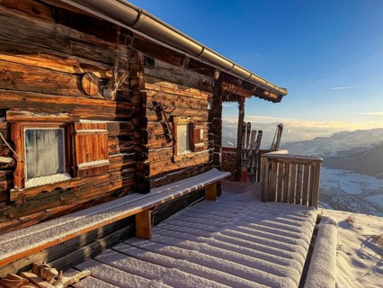 Mountain hut with fresh snow in the morning, in winter, Hochbrixen, Kitzbühel Alps, Tyrol, Austria