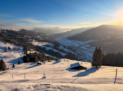 View of snowy valley and mountain landscape in morning light, Hochbrixen, Brixental, Kitzbühel