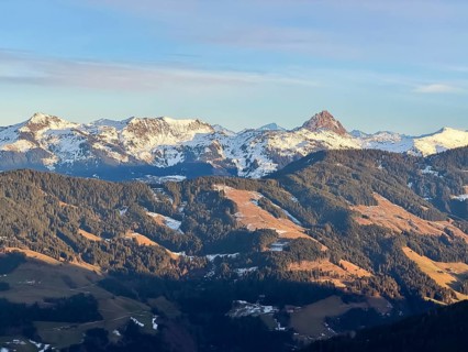 Snowy mountain peaks with Rettenstein summit in evening light, Kelchsau, Kitzbühel Alps, Tyrol,
