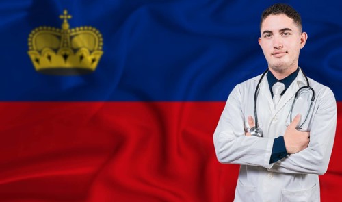 Portrait of medical professional on Liechtenstein flag background. Liechtensteiner national health