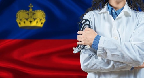 Healthcare professional with Liechtenstein flag background. Professional doctor holding stethoscope