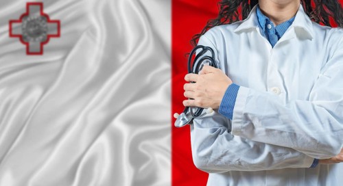 Healthcare professional with Malta flag background. Professional doctor holding stethoscope on