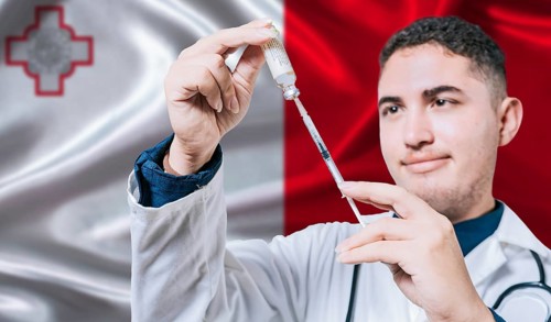 Doctor holding syringe on Malta flag background. Medical professional holding syringe with Maltese