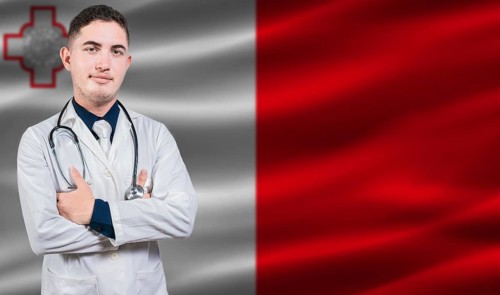 Portrait of medical professional on Malta flag background. Maltese national health system