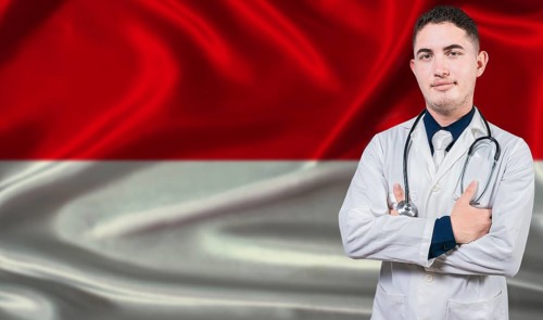 Portrait of medical professional on Indonesia flag background. Indonesian national health system