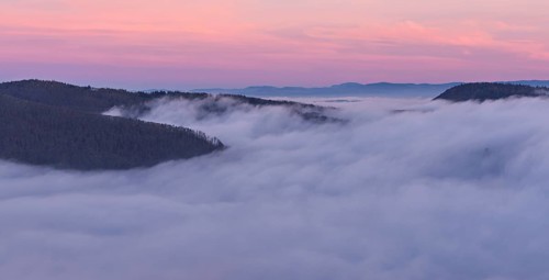 Jurassic foothills over a sea of fog in the light of dawn, Talheim, Canton of Aargau, Switzerland