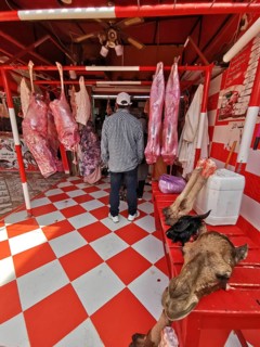 Interior view of a butcher's shop with meat products and striking tile pattern, camel head